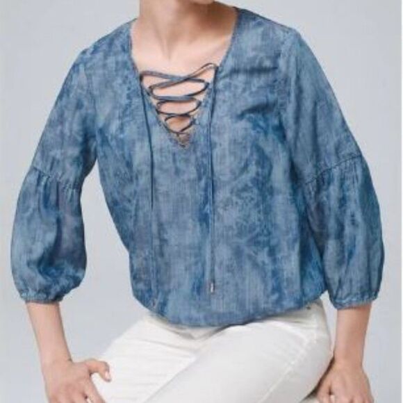 White House Black Market Tops - White House Black Market Womens SMALL Blue Tie‎ Dye 3/4  Sleeve Criss Cross Neck